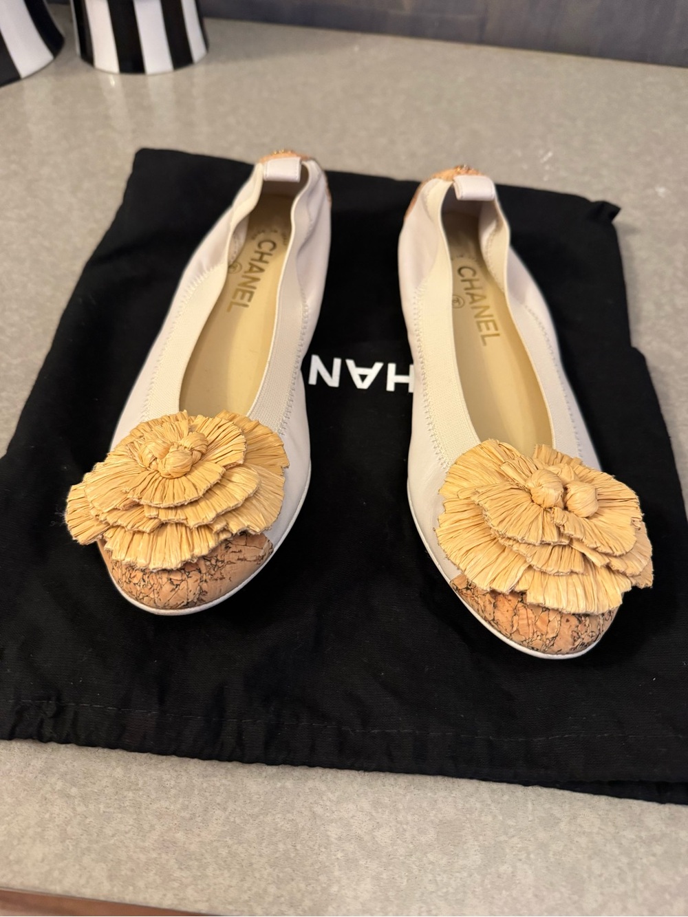Chanel Camellia Raffia Leather Ballet Flats